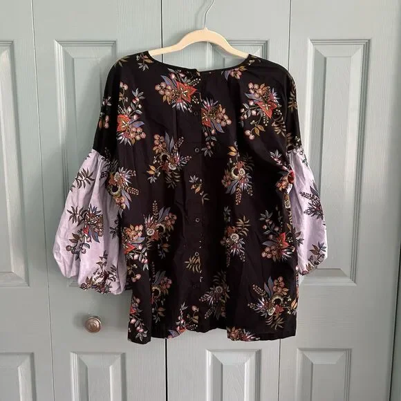 LOFT Womens Floral Puff Sleeve Blouse Large Button Back Cottagecore Black Blue - Picture 10 of 13